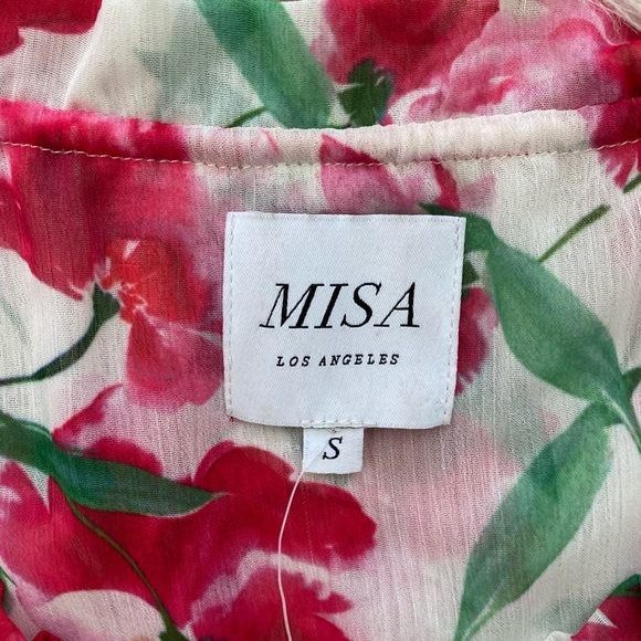 MISA Red Pink Fuchsia Floral Watercolor Chiffon Sera Top Short Sleeve Blouse - Picture 10 of 14